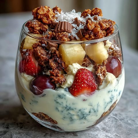 Fußball-Team-Snack-Cups mit frischem Obst und knusprigem Granola in durchsichtigen Bechern.