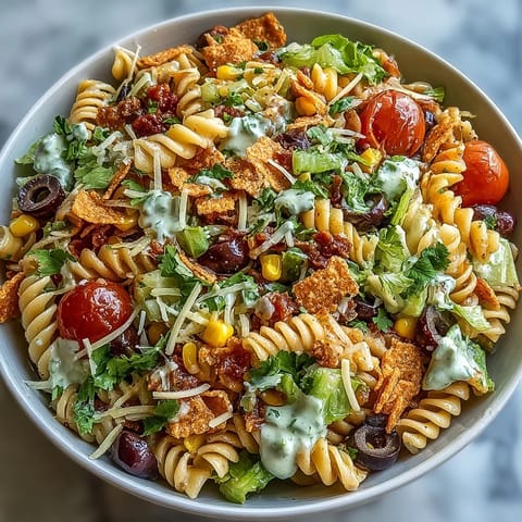 Taco-Pasta-Salat mit Doritos und cremigem Avocado-Ranch-Dressing, voller Tex-Mex-Geschmack.
