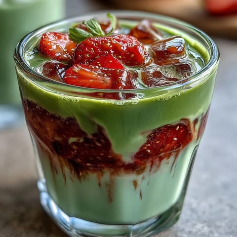 Strawberry Matcha Latte mit Hafermilch in zwei Gläsern mit roten Erdbeerschichten und grünem Matcha obenauf.