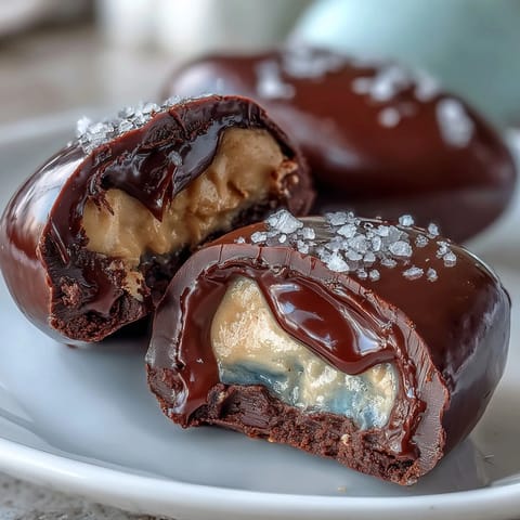 Dunkle Schokoladen-Erdnussbutter-Oster-Eier mit Meersalz, perfekt dekoriert für das Fest.