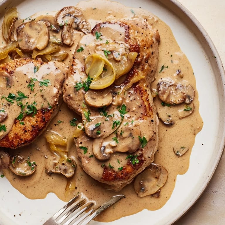 Würzige Schweinekoteletts mit zarter Pilzsauce, ideal für ein Familienessen.
