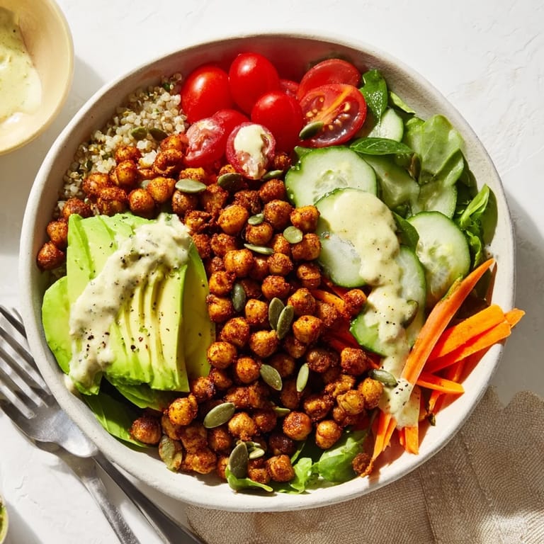 Entzückende Kichererbsen- und Avocado-Power-Bowl mit cremiger Avocado, Gemüse und Nüssen.