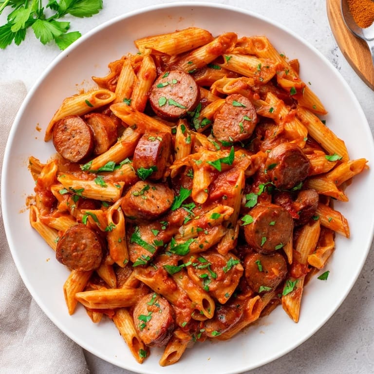 Delicious, steaming One-pot Currywurst Pasta, with optional fresh parsley garnish, ready to serve.