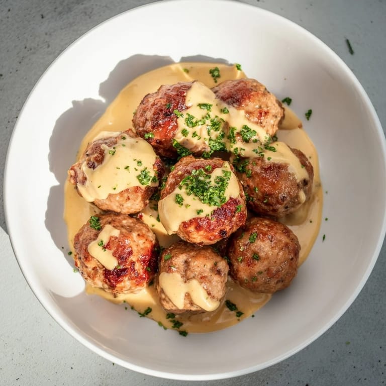 Close up of Oven-Baked German Meatballs, showing texture, topped richly with tangy mustard sauce.