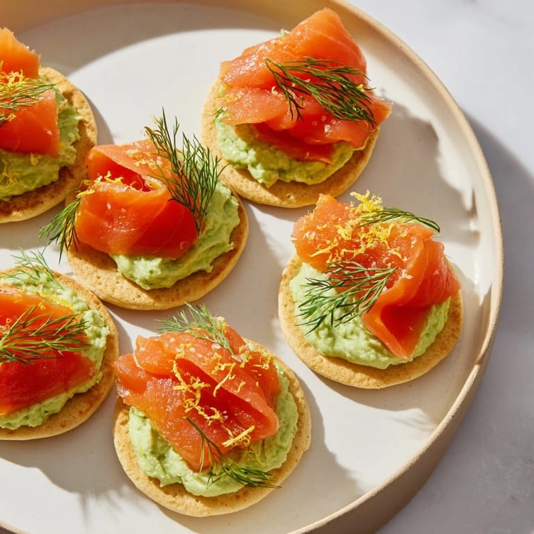 A close-up of golden quark blinis with smoked salmon and vibrant avocado cream.