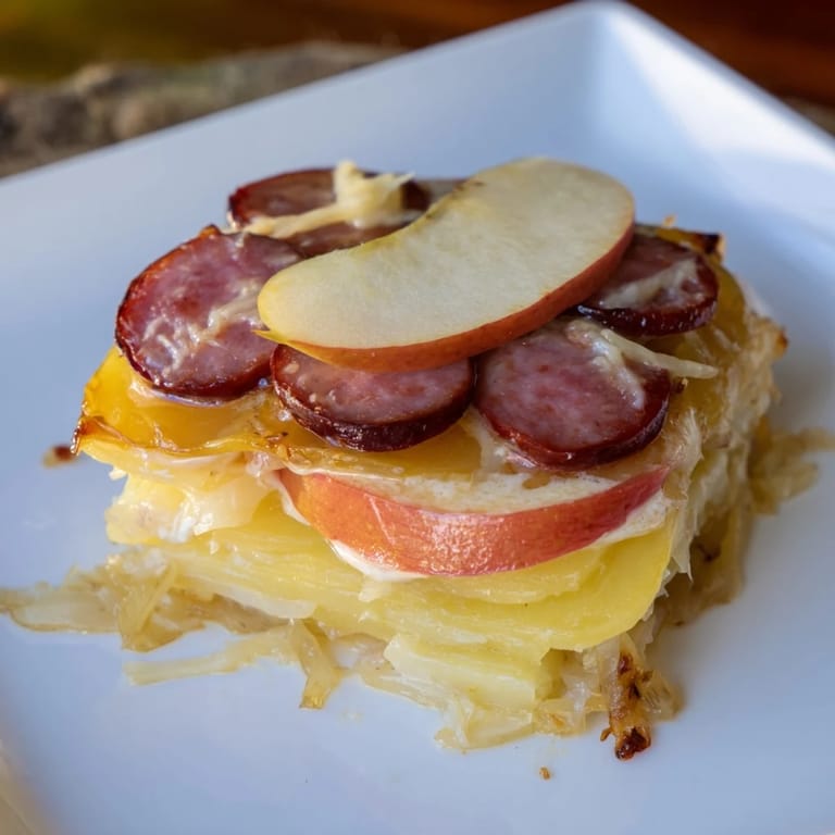 Close-up of bubbling, cheesy Sauerkraut Casserole, showcasing the savory sausage and sweet apples.