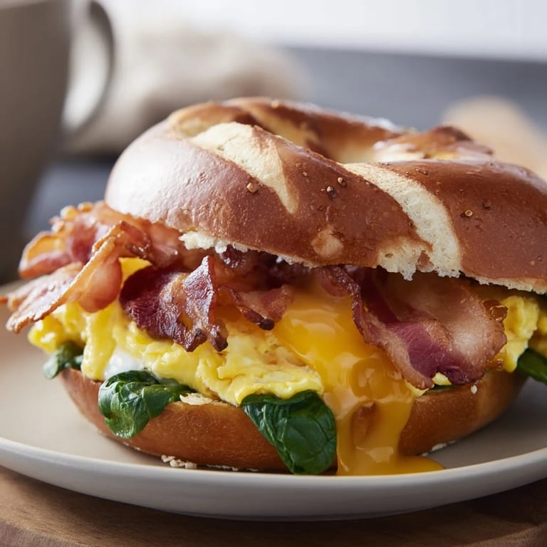 Close-up of a delicious pretzel bagel breakfast sandwich with layers of filling, ready to enjoy.
