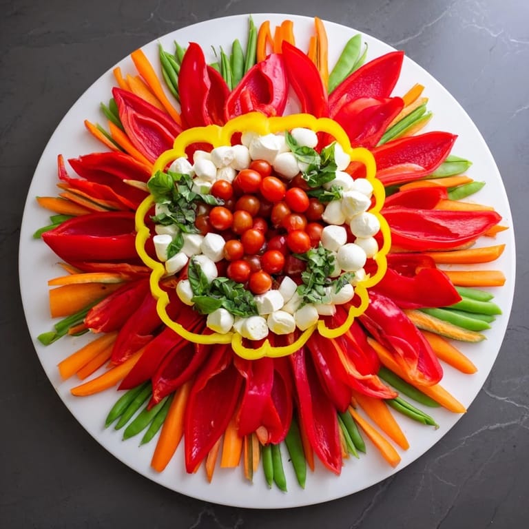 Festive Poinsettia Platter: Colorful arrangement of sliced bell peppers, mozzarella, and dips, perfect for holiday gatherings.