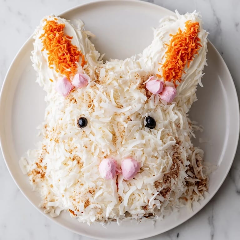 This spring bunny carrot cake is beautifully decorated with coconut fur and candy eyes, perfect for Easter.