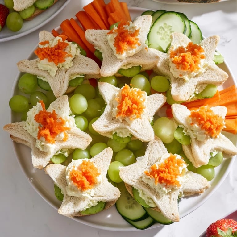A close-up of a Beach Day Starfish snack spread features starfish sandwiches and crunchy snacks.