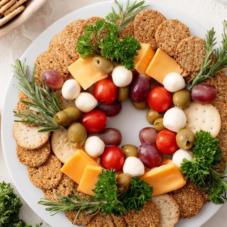A beautiful Jingle Bell Cheese & Cracker Wreath appetizer with mozzarella and fresh grapes, ready to serve.
