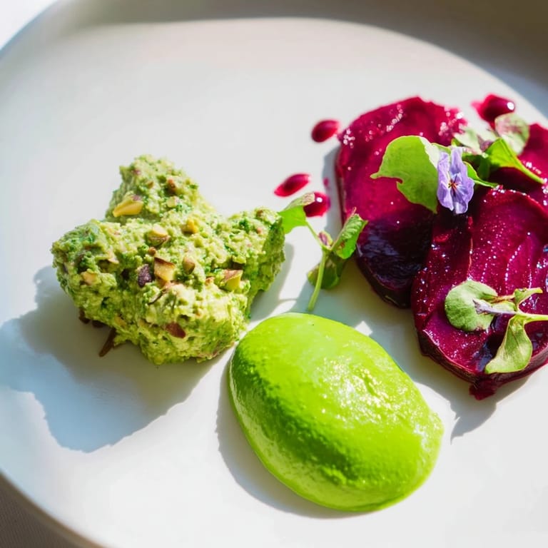 Vibrant photo of Lucky Clover Seasonal Starters, showcasing green pea purée, beet carpaccio, and goat cheese mousse.