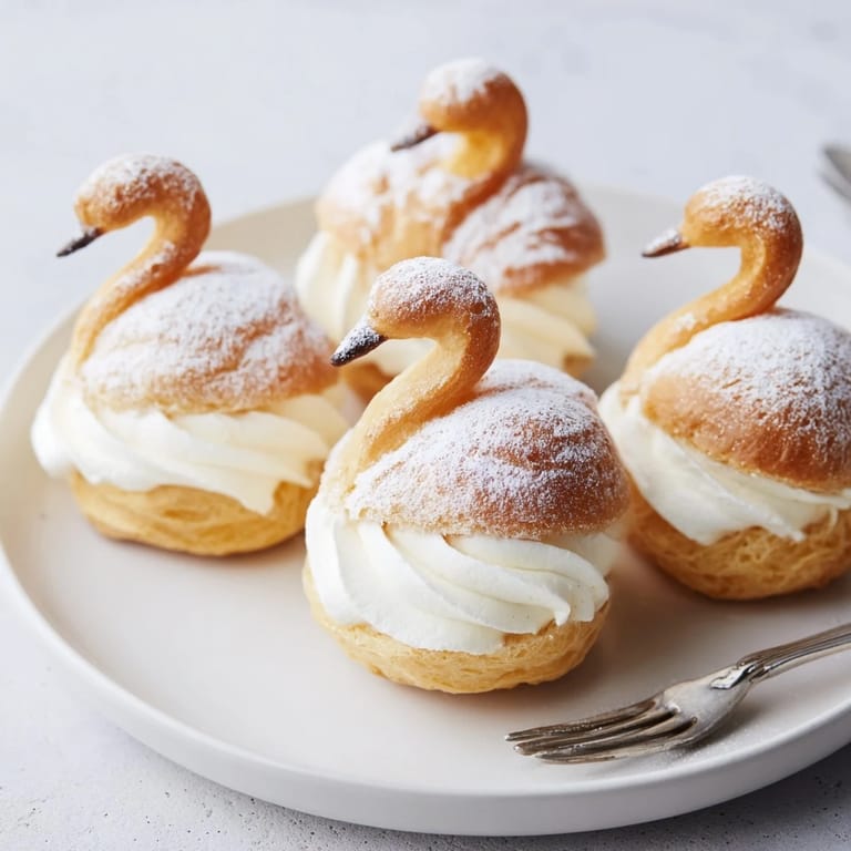 Close-up of golden-baked Elegant Swan Mini Pastries with a luscious cream filling, ideal for dessert.