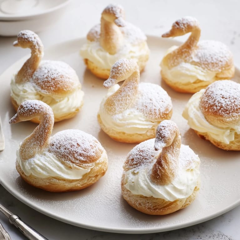 Mouthwatering Elegant Swan Mini Pastries, ready to serve, perfectly decorated, and dusted with powdered sugar.