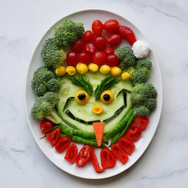 Creative Grinch Face Veggie Platter, a festive, healthy appetizer with colorful vegetables and dip.