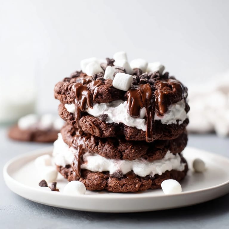 Festive Hot Cocoa Mug Cookies: A stack of three chocolate cookies, topped with creamy frosting.