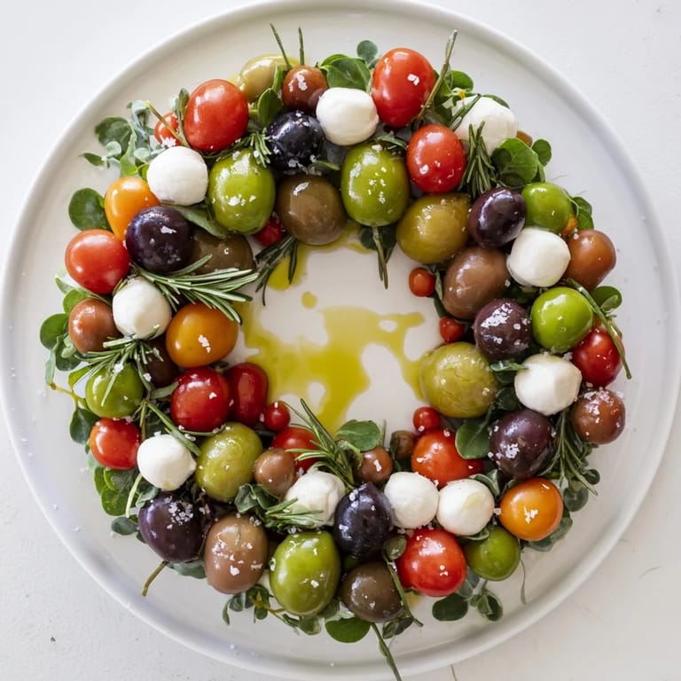 Vibrant Appetizer Wreath featuring juicy cherry tomatoes and olives arranged elegantly on a platter.