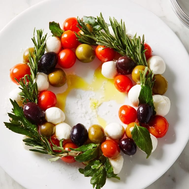 Close-up of the delicious Appetizer Wreath: colorful arrangement of fresh olives and mozzarella.