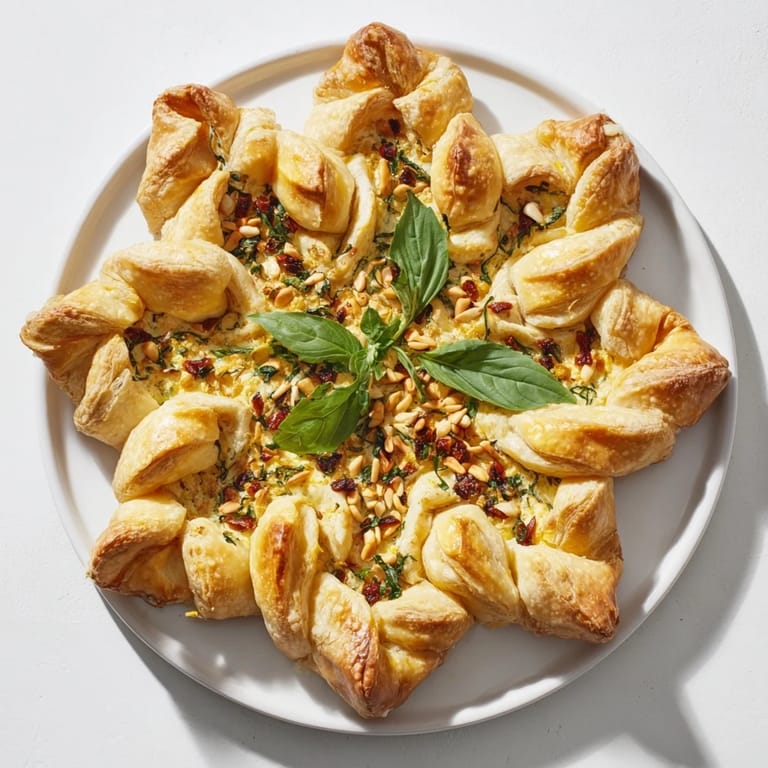 Elegant Poinsettia puff pastry with a cheesy herb filling, perfect for a festive appetizer plate.