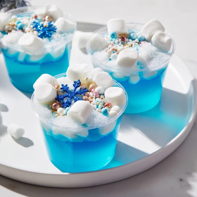 Köstliche Snow Globe Jello Cups in Bechern, mit blauer Gelatine und einem Hauch von weißer Schokolade dekoriert.