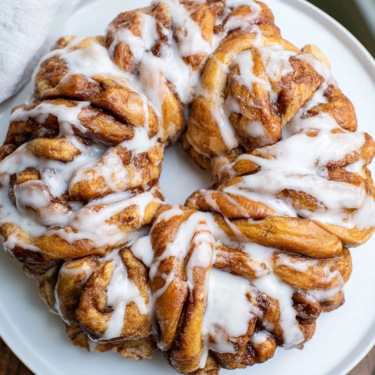 Golden-baked cinnamon roll pull-apart wreath, invitingly arranged, ready for a delicious breakfast.