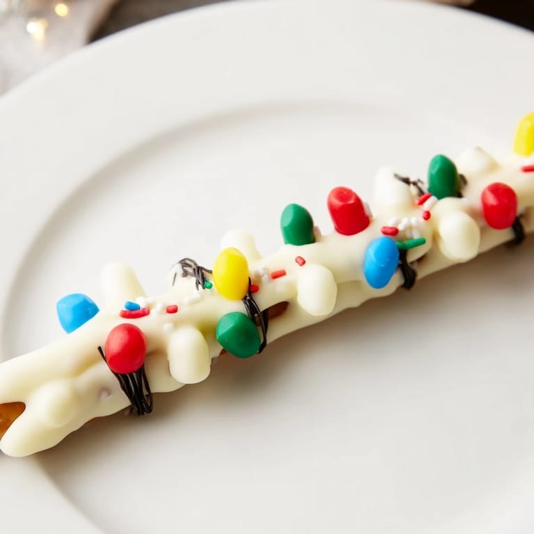 Easy no-bake recipe shows how to make delicious Pretzel Christmas Lights, ideal for a Christmas treat.