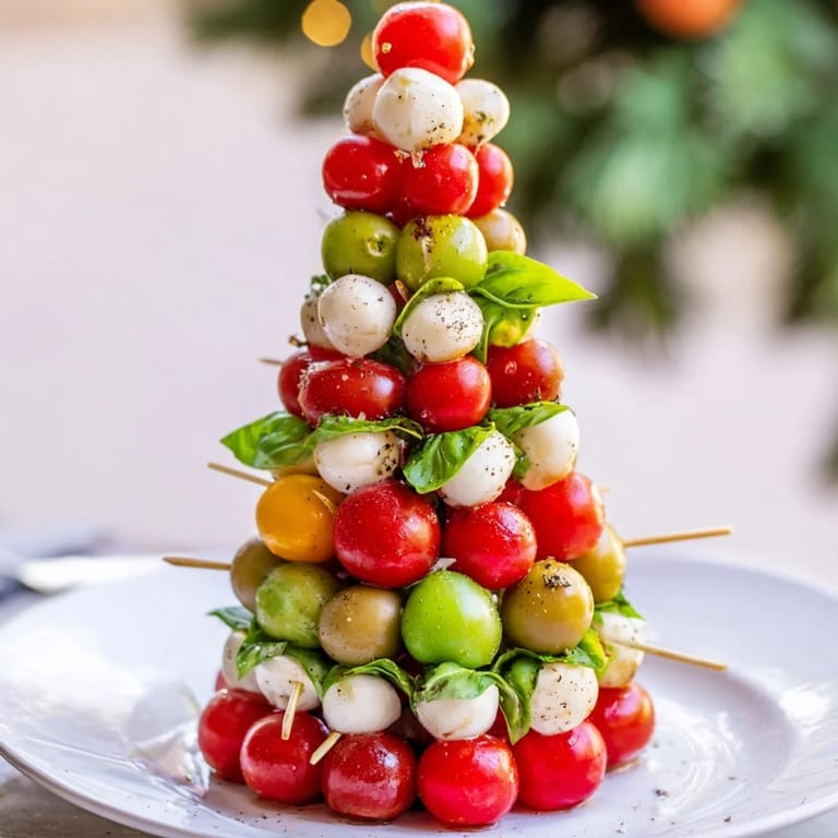 Vibrant Red and Green Caprese Skewer Tree appetizer, ready for a holiday spread and easy to eat.