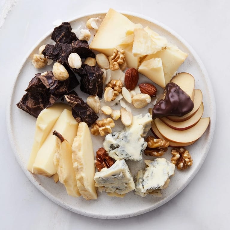 A wooden board displaying Fireside Comfort & Cocoa, a delicious spread of cheeses and dark chocolate.