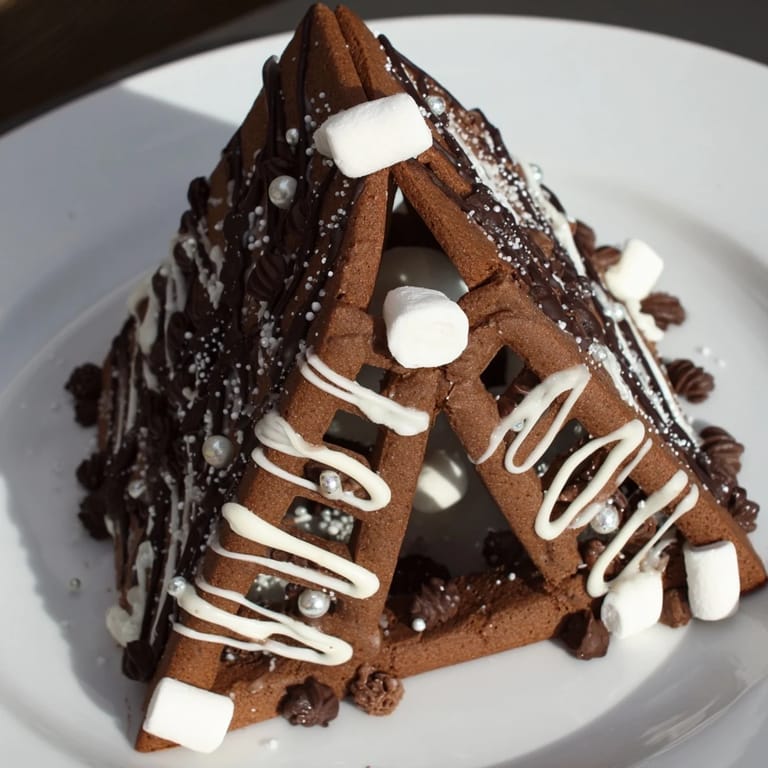 Homemade gingerbread house frame: A tempting array of cookies and candies encircles the architectural gingerbread.