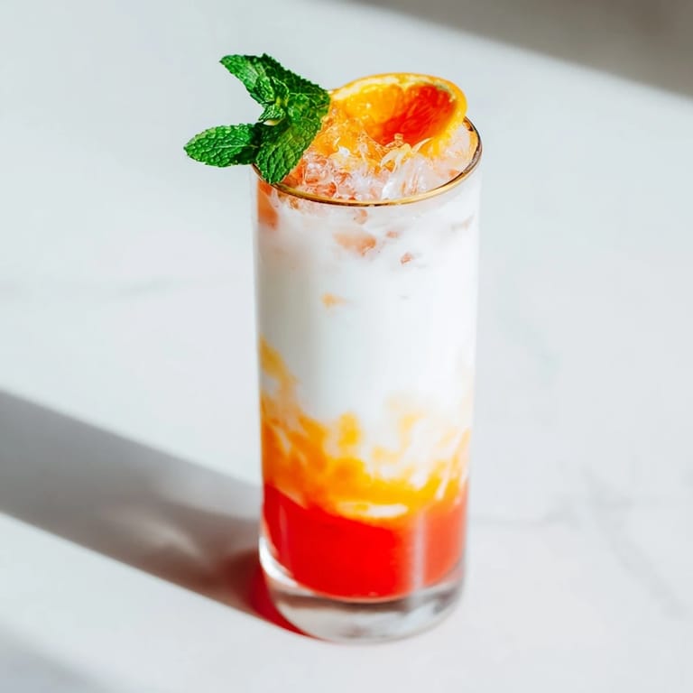 Vibrant, layered Alpine Sunrise mocktail, a beautiful sunrise in a glass, ready to be enjoyed with brunch.