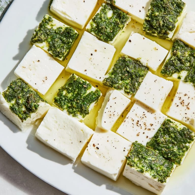 A close-up view of The Checkerboard Garden's perfect cheese and herb squares.