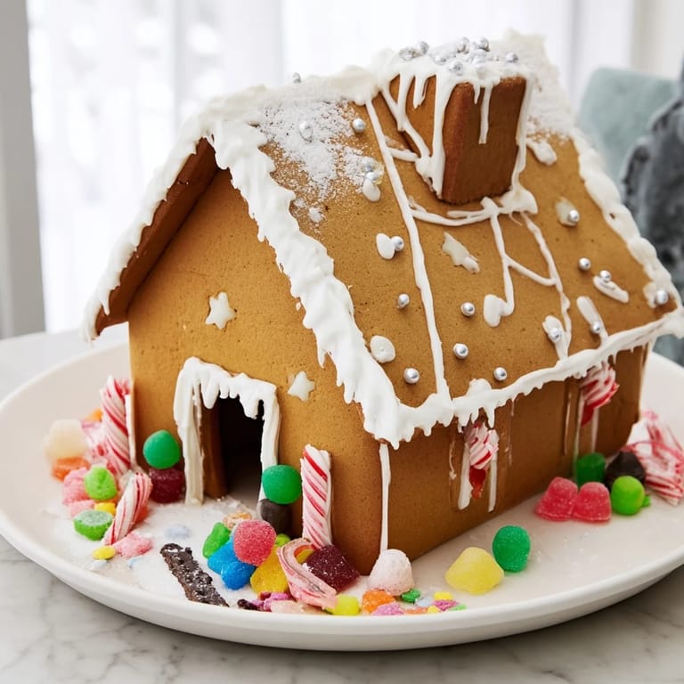Close-up of a finished gingerbread house with colorful gumdrops, showcasing holiday baking ideas.