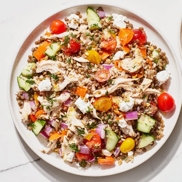 A close-up view of Chicken and Lentil Recession Salad, a flavorful, healthy salad topped with feta and seeds.