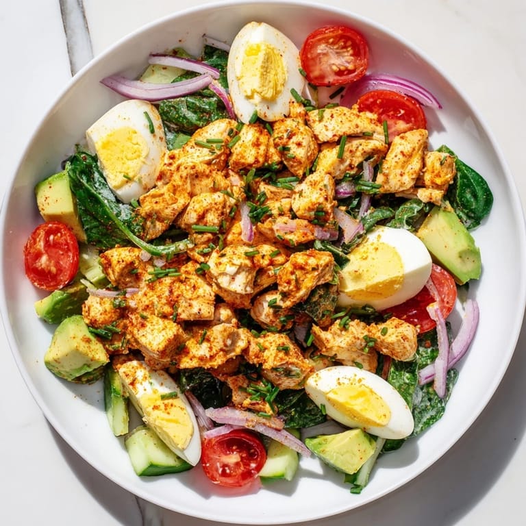 Creamy High-Protein Chicken and Egg Salad, perfectly plated with colorful tomatoes and onion.
