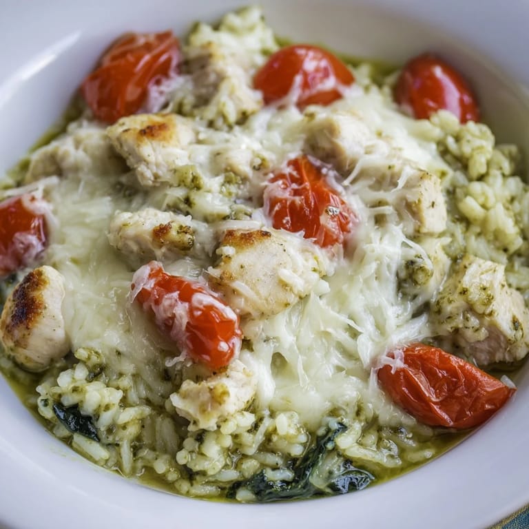 A creamy, one-dish Chicken Pesto Rice Bake, ready to serve with a garnish of fresh basil.