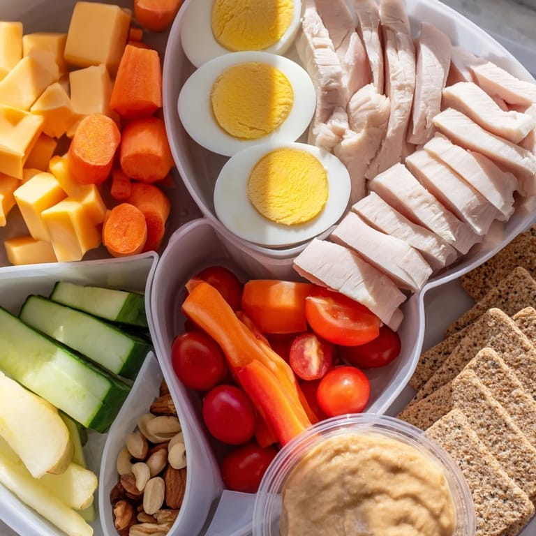 Vibrant protein snack boxes arranged with turkey, colorful veggies, and crackers, ready to eat.