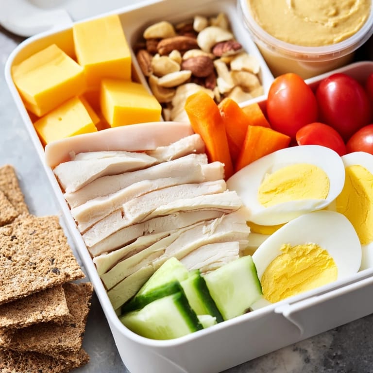 Close-up of a delicious protein snack box that includes cheese, eggs, and an apple for a balanced meal.
