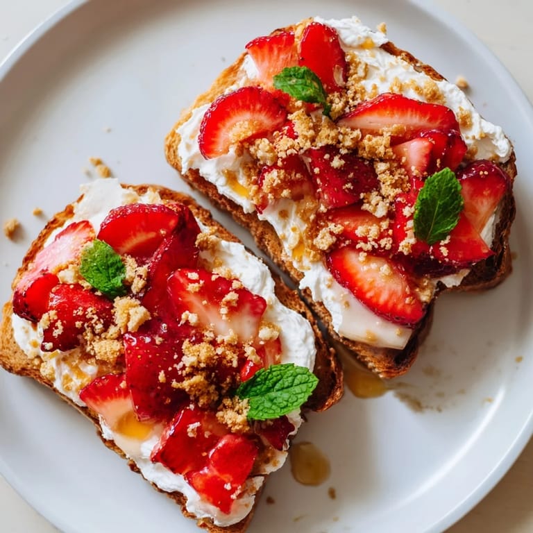 Creamy strawberry cheesecake toast with fresh, juicy strawberries, a delightful sweet breakfast treat.