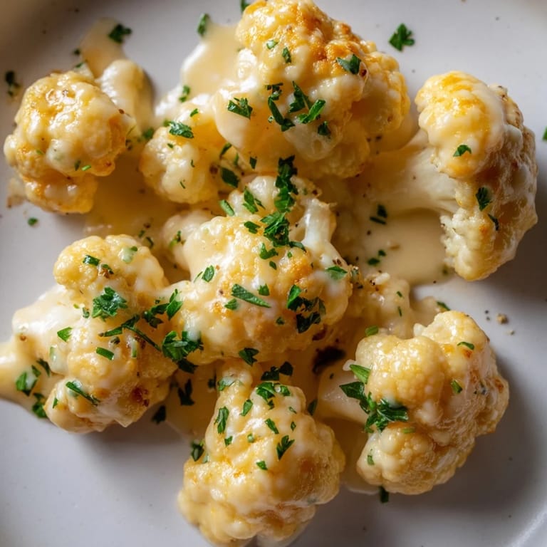 A close-up of a bubbling Cheesy Cauliflower Mac with melted cheese and tender cauliflower.