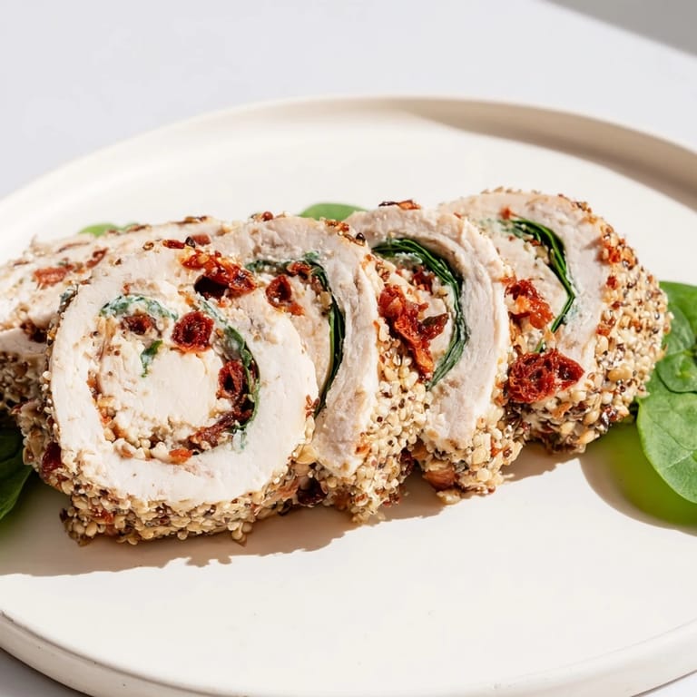 Close-up of delicious sun-dried tomato turkey roll-ups, showing layers of turkey, cheese, and fresh greens.