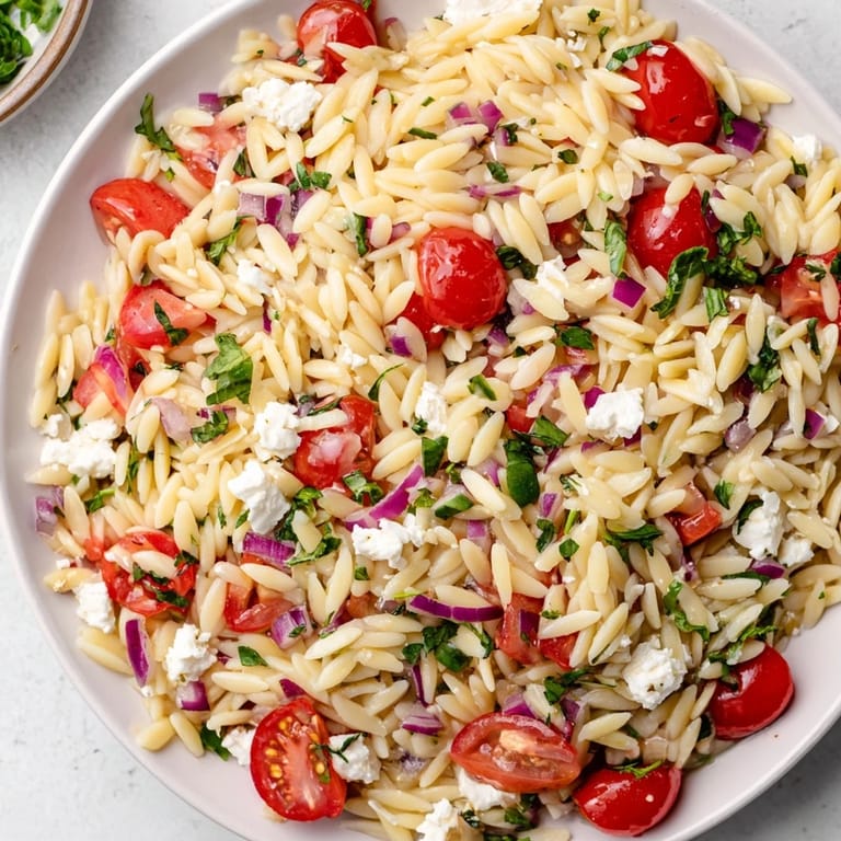 Enjoy a colorful bowl of Tomato Feta Orzo, perfect for a light lunch or summer picnic.