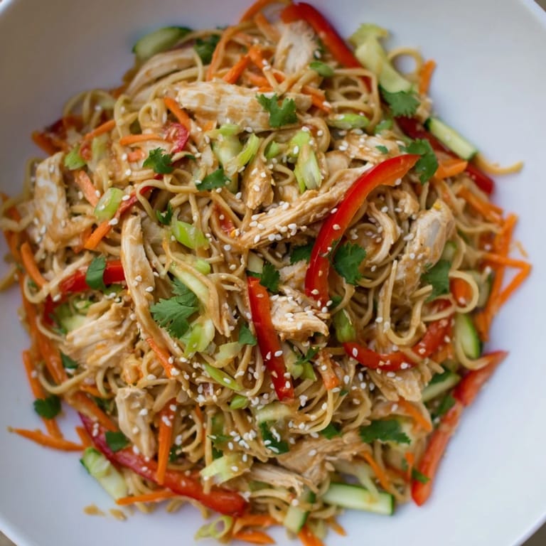 A close-up of fresh Chilled Chicken Noodle Salad, garnished with sesame seeds and lime wedges.