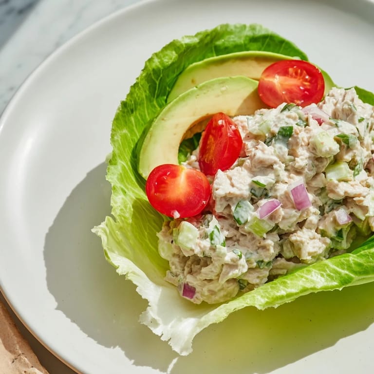 Close-up of tuna salad lettuce wraps, showcasing colorful toppings, perfect for a refreshing meal.