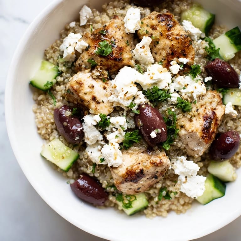 Genieße diese herzhafte Mediterranean Chicken Bowl, serviert mit frisch gewürfeltem Gemüse und würzigem Hähnchen.