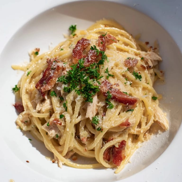 Hühnchen Carbonara kommt mit Eier-Sahne-Soße auf der Gaze und frisch gehackter Petersilie serviert.