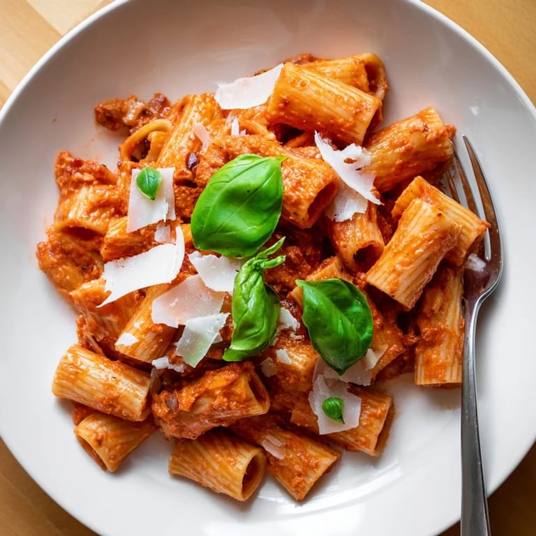 Spicy Rigatoni Pasta in einer schaumigen cremigen Sauce, gewürfelt mit Zwiebeln und Knoblauch, perfekt für US-Küchenbeiträge mit Weißwein.