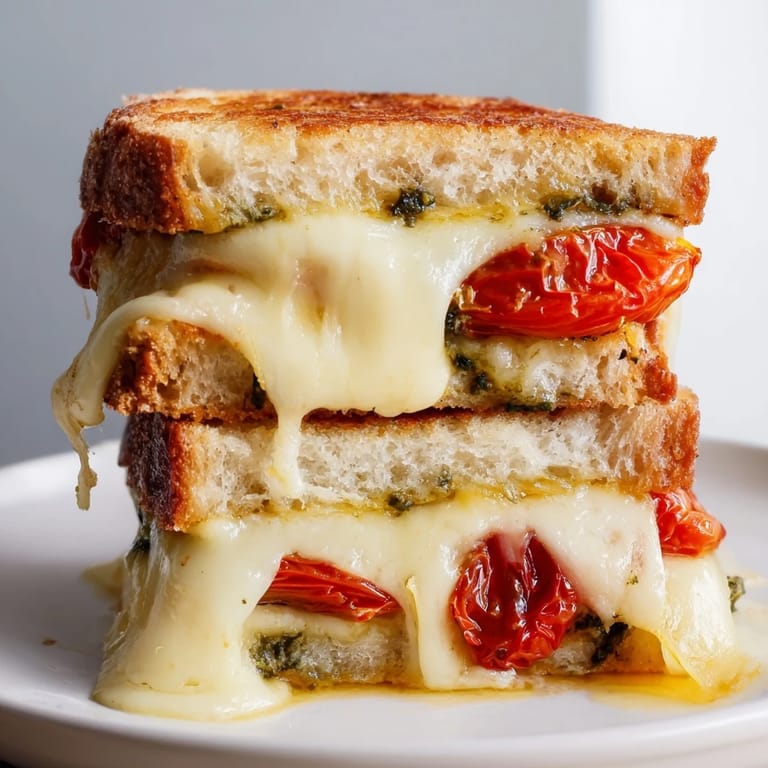 Fresh basil pesto spread on sourdough, layered with slow-roasted tomatoes and melted cheese for a gourmet sandwich.