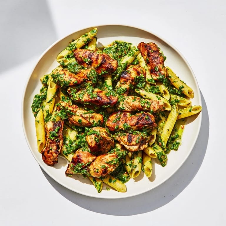Pasta mit mariniertem Hühnchen, knusprigen Grillspuren und frischem oreganohaltigem Chimichurri auf dem Teller, begleitet von knallroten Paprikastreifen und einem Glas rotem Wein.  