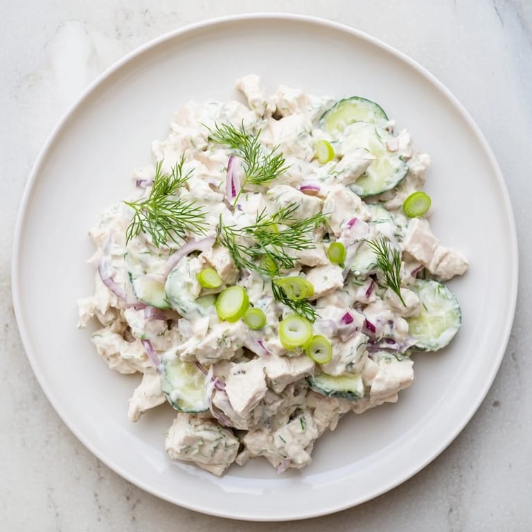 Nahaufnahme von cremigen Gurken-Hühnchensalat mit frischem Dill.