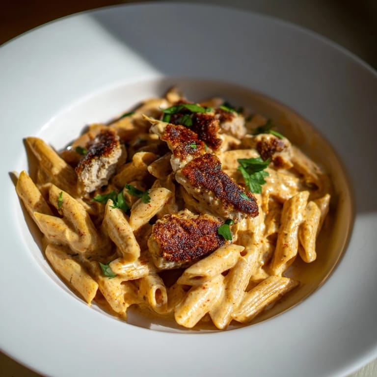 A skillet of creamy Honey Chipotle Chicken Pasta with tender penne and smoky aromas